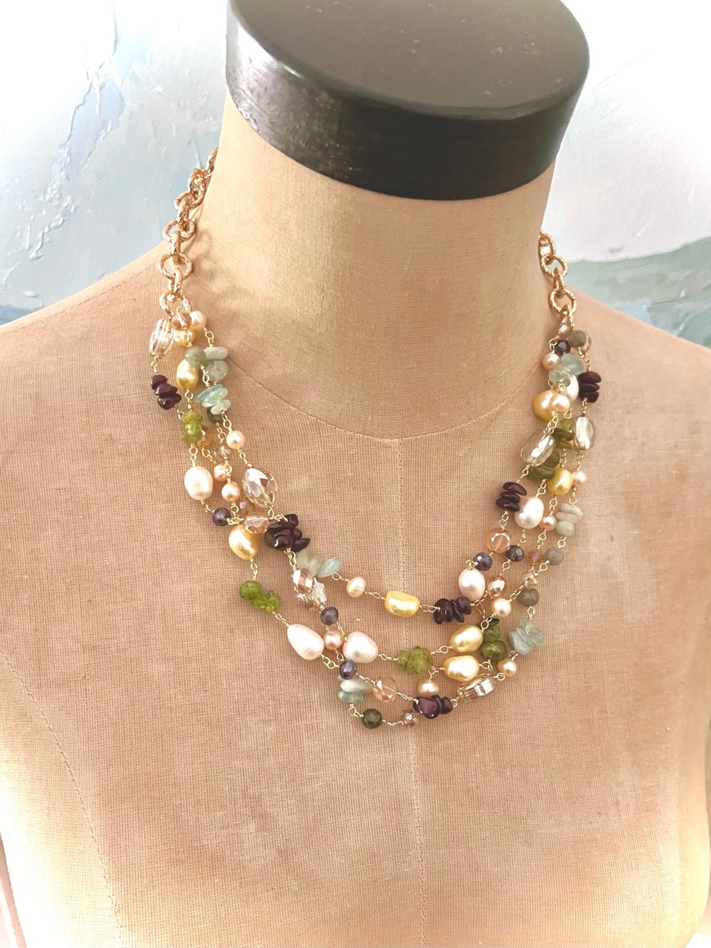 NEW Multi Strand Gemstone Gold Necklace